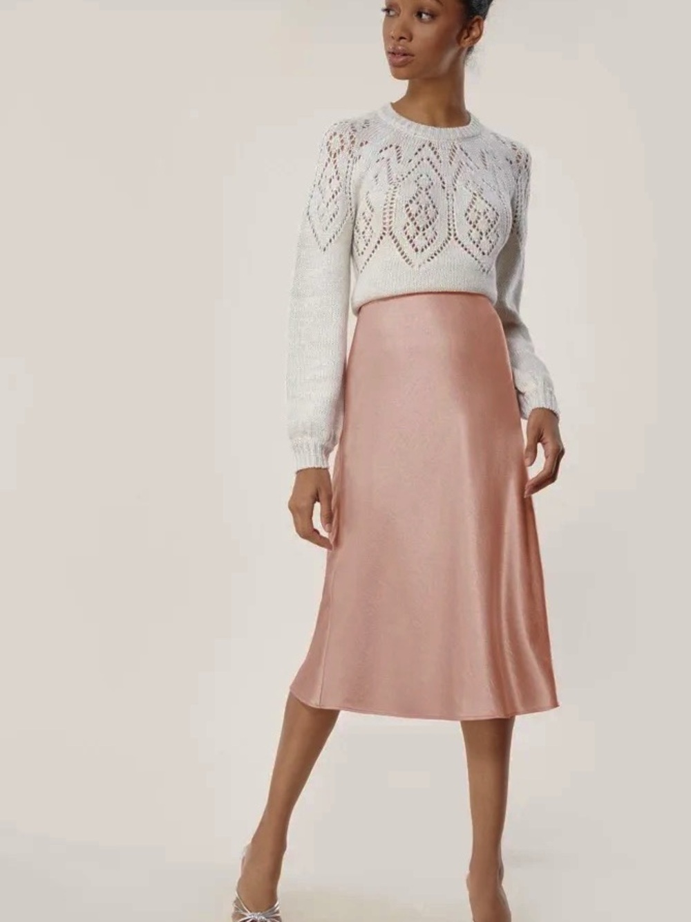 Milly Mila Bias Hammered Satin Midi Skirt in Blush